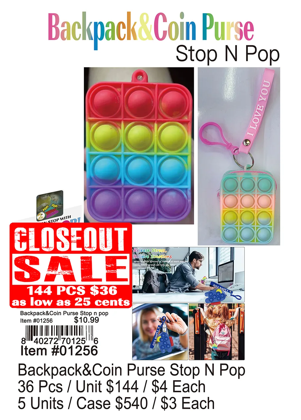 Backpack and Coin Purse Stop N Pop - Closeout 144 Pcs.